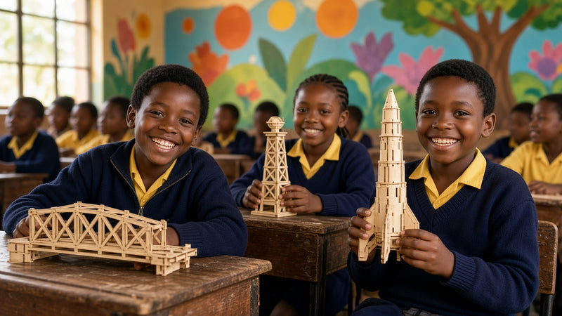 Smiling learners in a South African classroom with wooden Wow We model kits